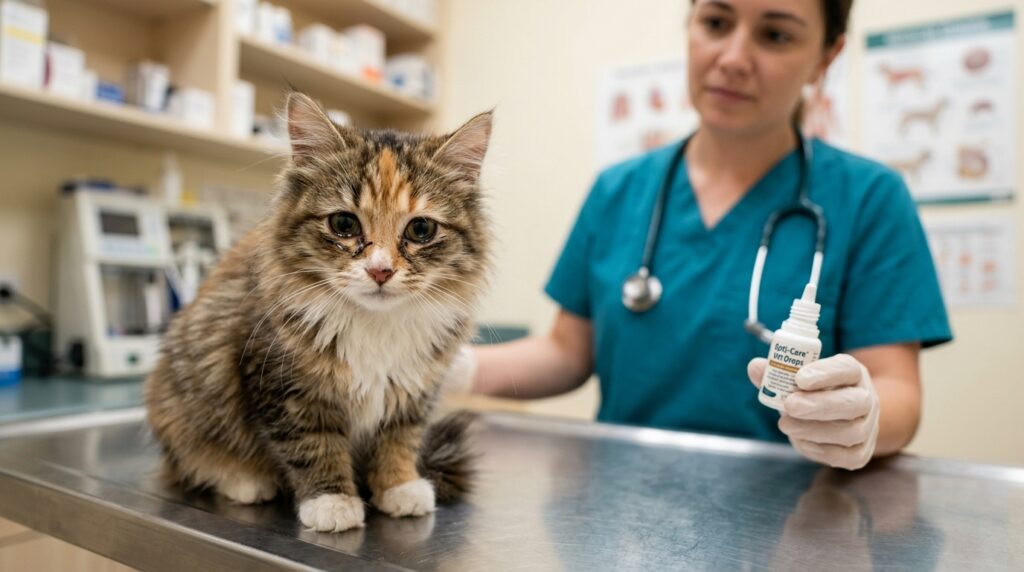 A tabby cat sitting on a veterinary examination table with a veterinarian in scrubs in the background.