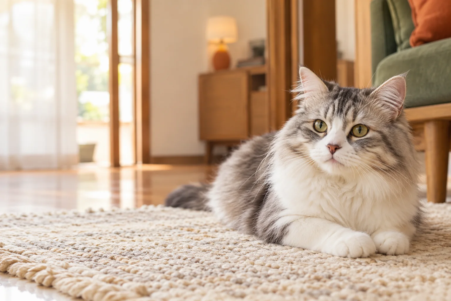 Kucing berbulu panjang berwarna kelabu dan putih berehat di atas permaidani rumah