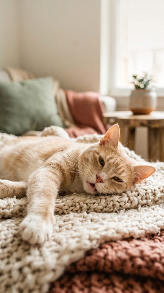 Kenapa Kucing Bernafas Laju? Ini Puncanya Seekor kucing sedang berbaring di atas selimut.