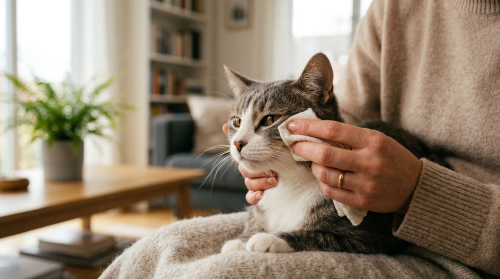 Kucing Ada Tahi Mata: Cara Penjagaan dan Rawatan A close-up of an owner gently wiping around a tabby cat's eye with a clean cloth