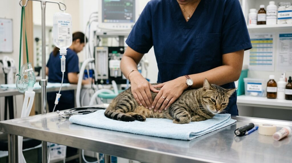 veterinarian examining sick cat 