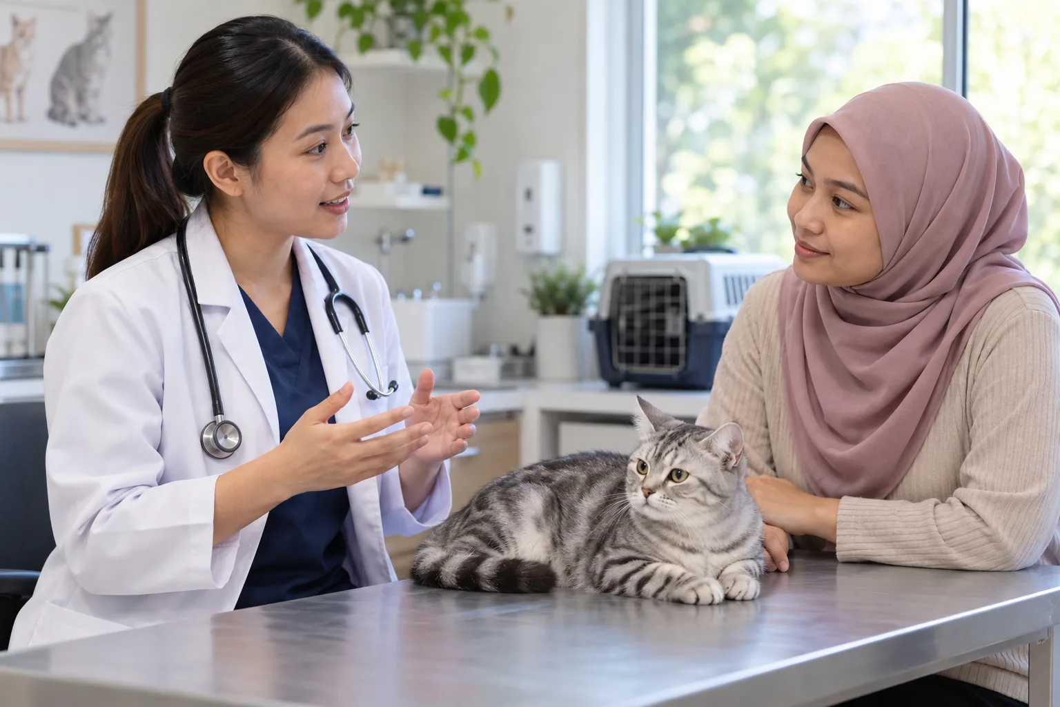 Doktor haiwan berbincang dengan pemilik tentang steril seekor kucing tabby.