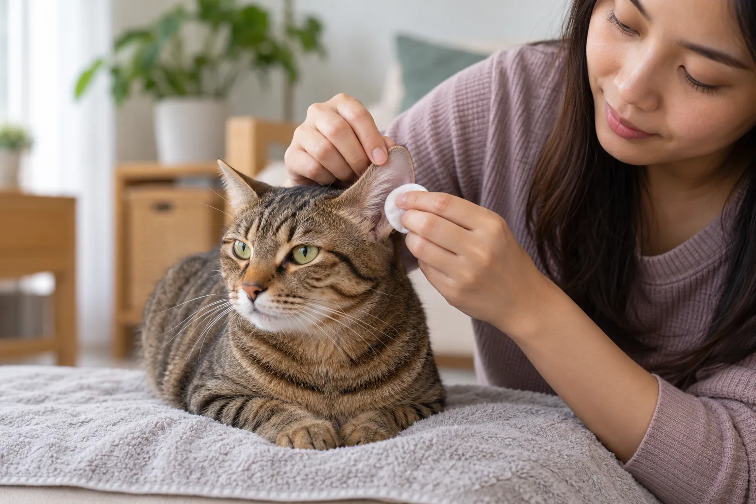 Pemilik mengelap bahagian luar telinga kucing tabby dengan kapas.