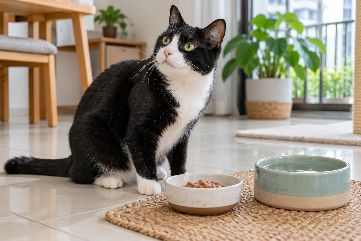Kucing hitam putih duduk berhampiran makanan basah dan air bersih.