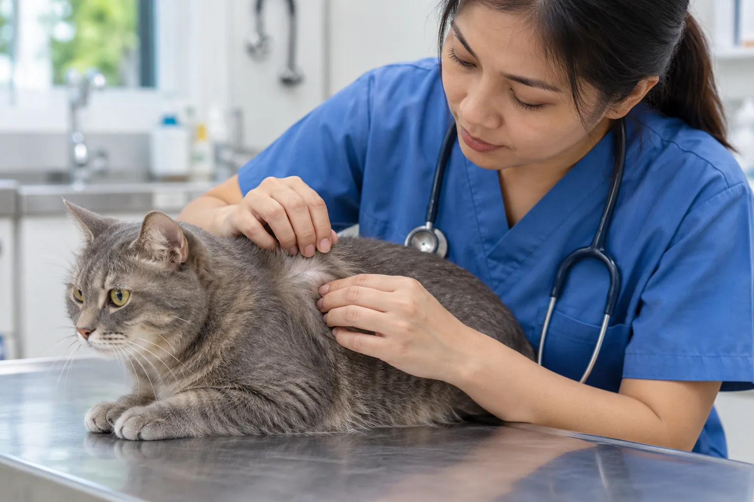 Doktor haiwan memeriksa kulit dan bulu seekor kucing kelabu.