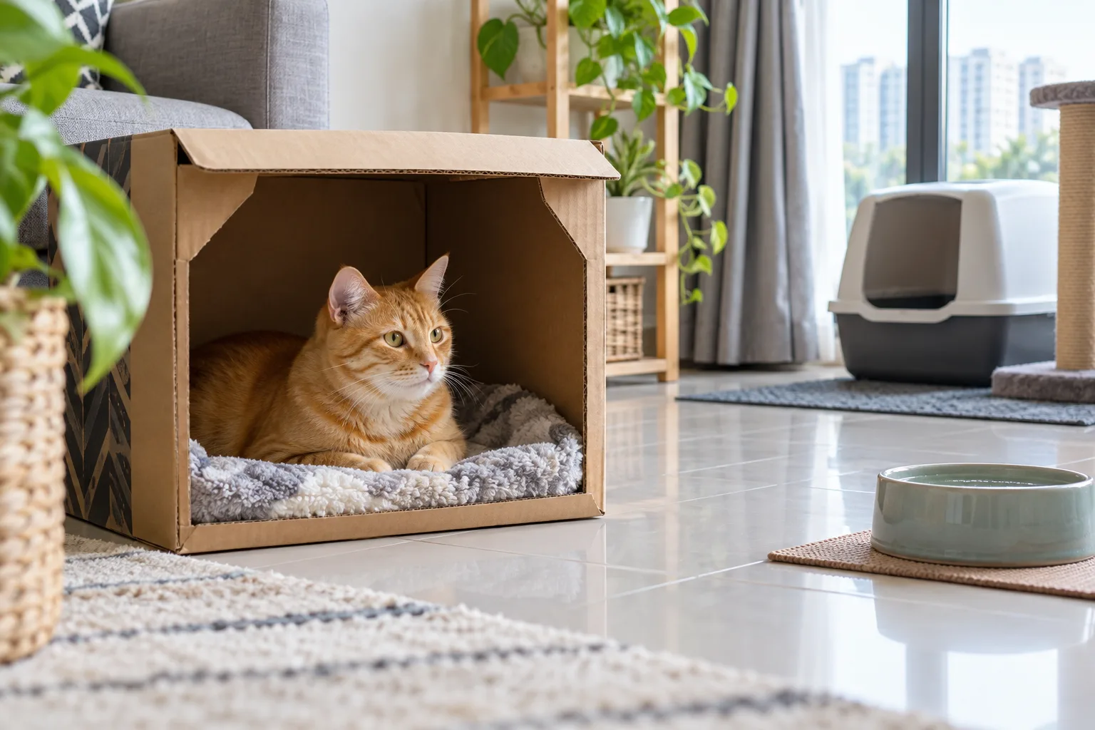 Stress Kucing atau Sakit? Cara Bezakan Tanda Awal Kucing oren berehat dalam kotak di ruang rumah yang tenang.
