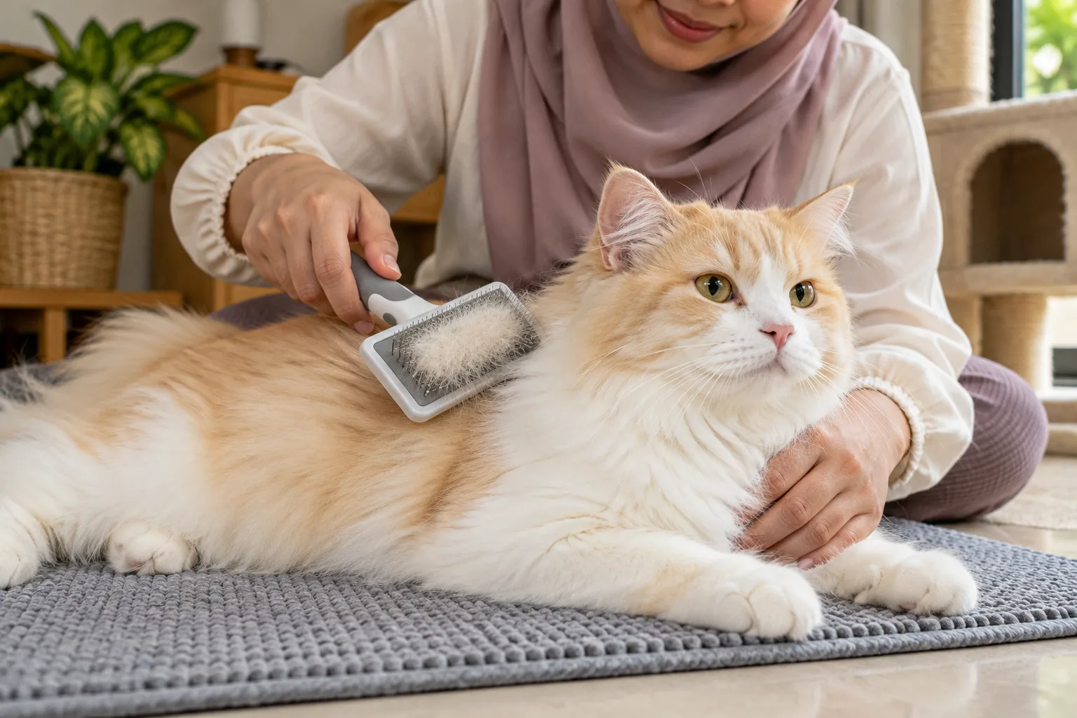 Pemilik menyikat bulu kucing krim dengan lembut menggunakan berus.